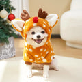 Small dog wearing elk antler Christmas costume with fleece lining and festive design