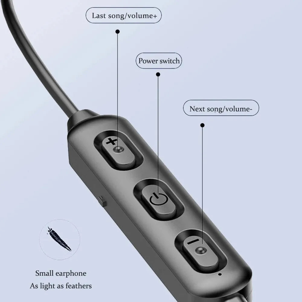 Black neck-mounted wireless sports earphones with Bluetooth 5.0 and neck-hanging design for active use