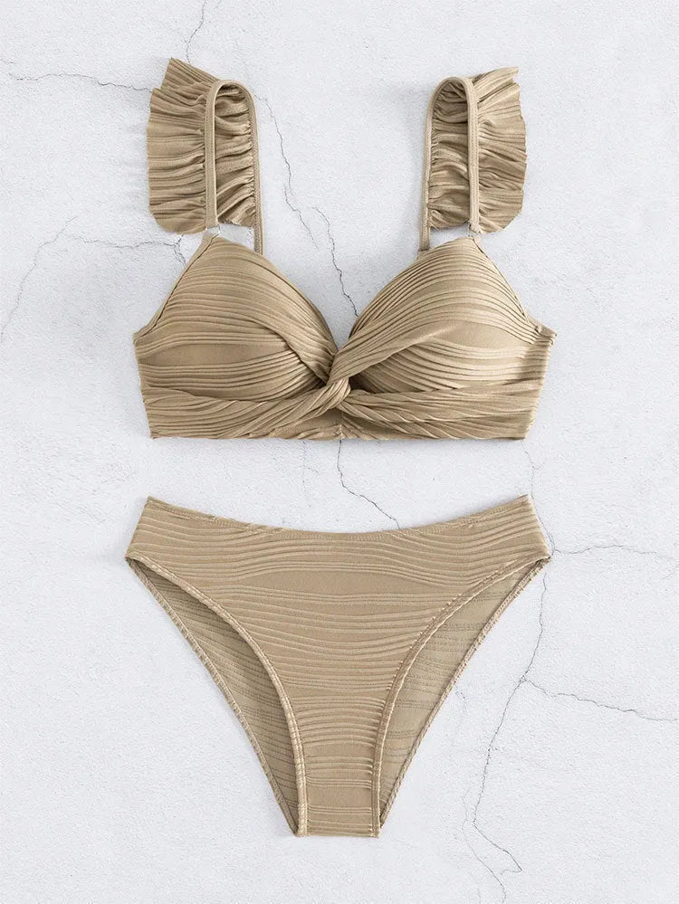 Women's solid colour beach bikini swimsuit in black or khaki, sizes S to XL, 100% polyester construction