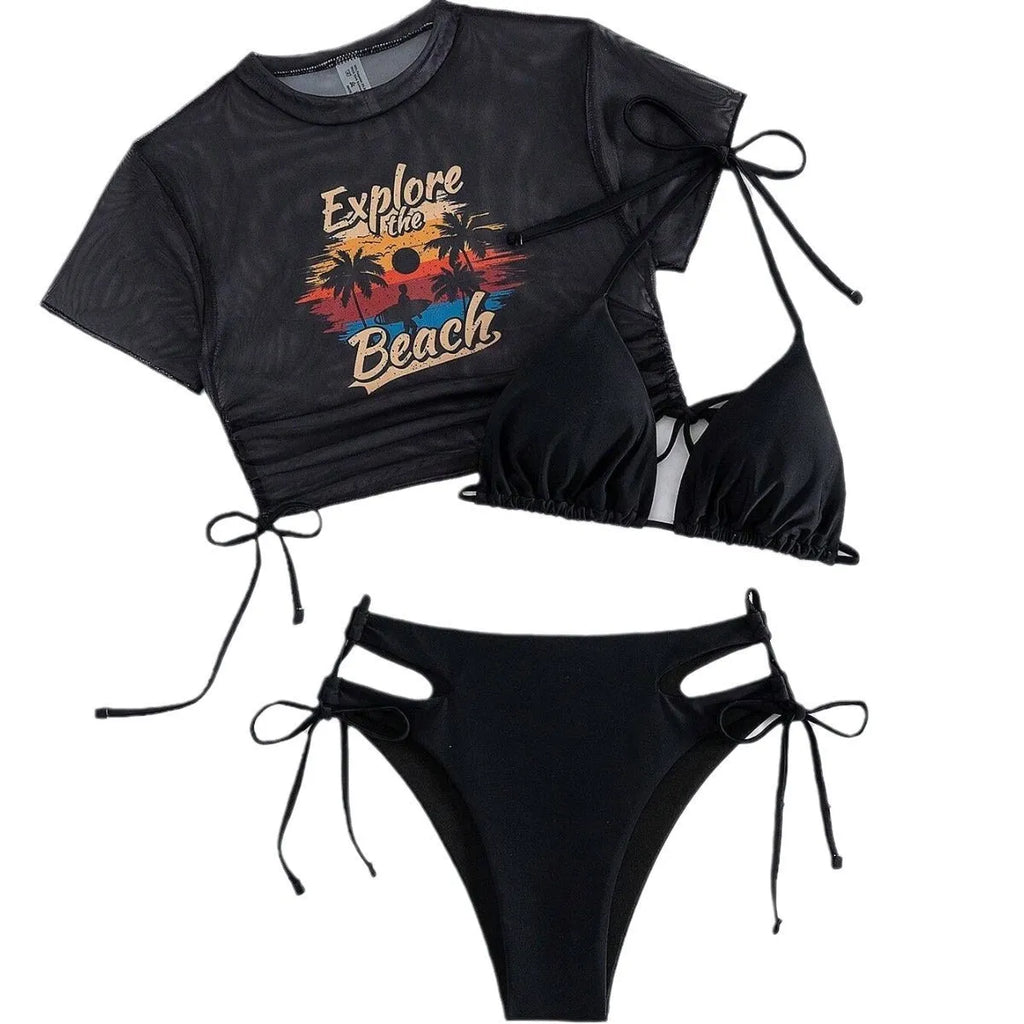 Women's three-piece bikini swimsuit in nylon fabric, shown in black, white, pink, and orange red colour options.
