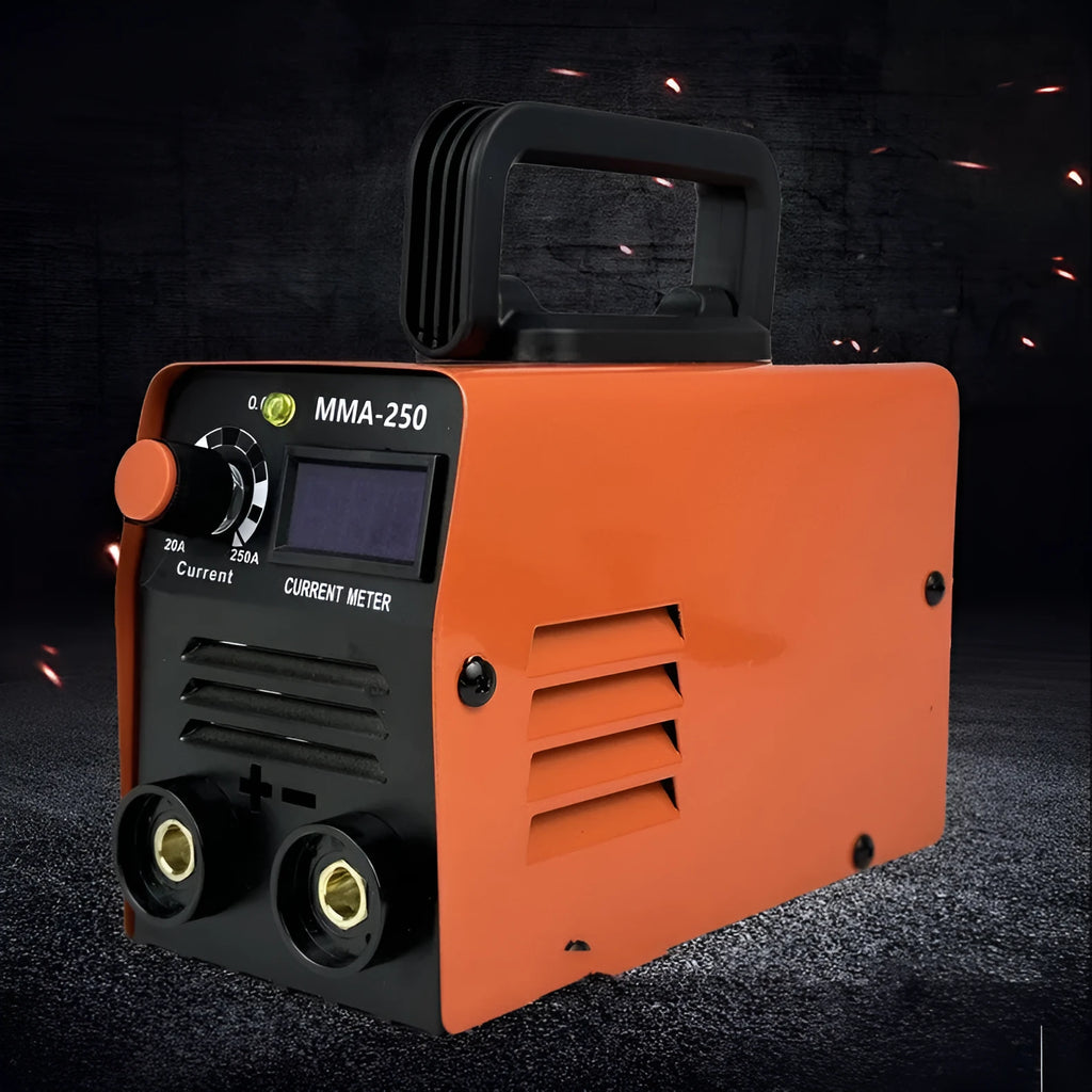 Portable MMA-250 style 110V welding machine with mask, hammer, gloves, and cables.