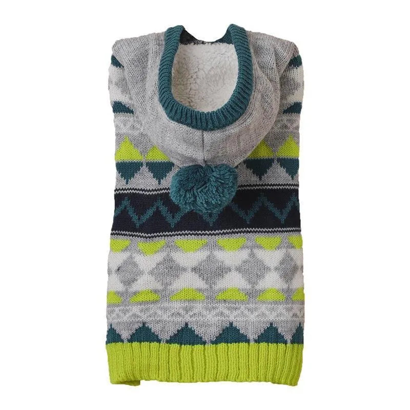Green diamond pattern pet sweater on small dog showing knit texture and proper fit