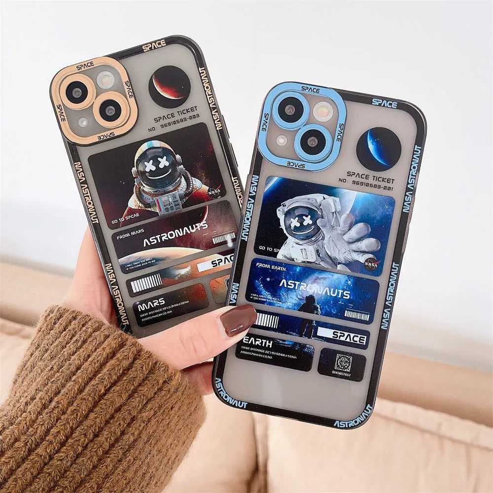 Space astronaut graffiti design phone case for iPhone in blue-black contrast colour