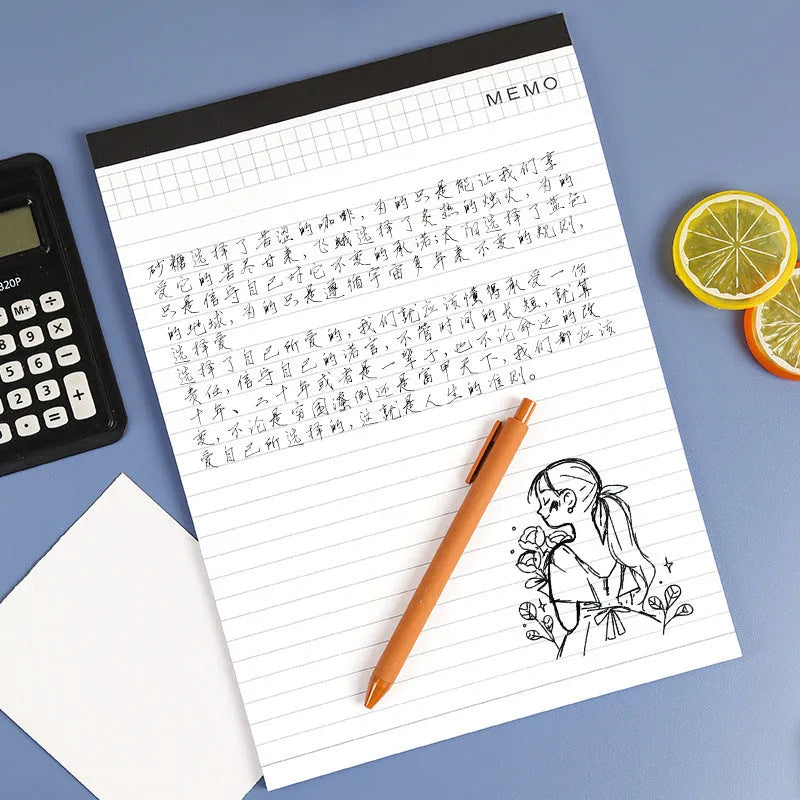 A4 tearable notebook with grid pages and wireless adhesive binding, paper cover