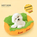 Soft flannelette removable dog bed with jean cloth border and anti-slip base in beige.