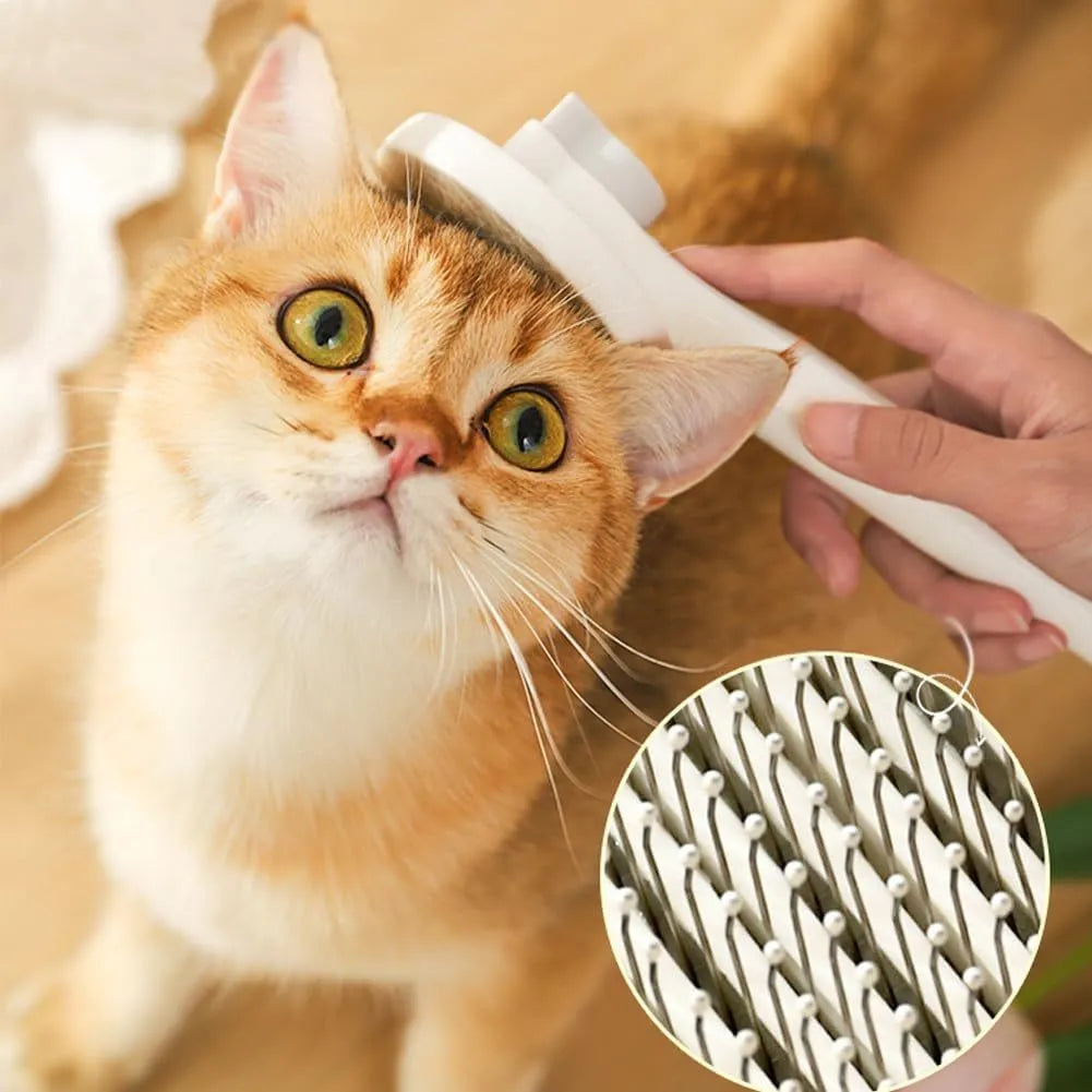 Self-cleaning cat brush with blue handle and metal pins for grooming pets