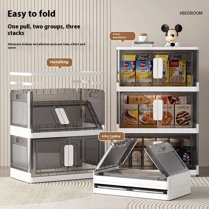 Foldable white storage locker with wheels showing 4 shelves containing shoes and toys