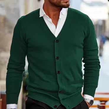 Men's slim-fit acrylic cardigan sweater in dark grey, showing cardigan style with long sleeves and standard autumn thickness