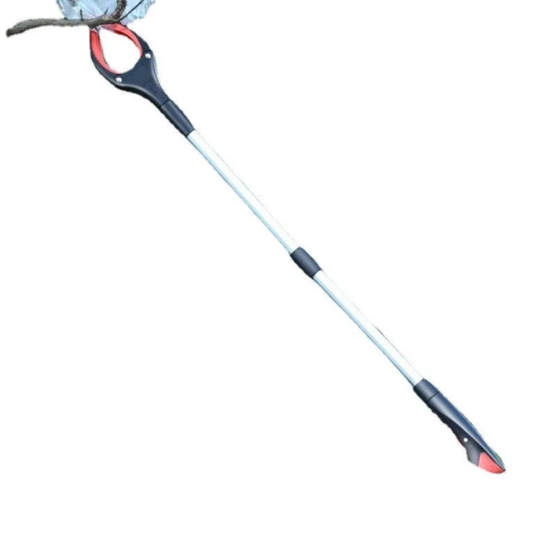 Blue plastic and aluminium alloy trash gripping tool on a white background.