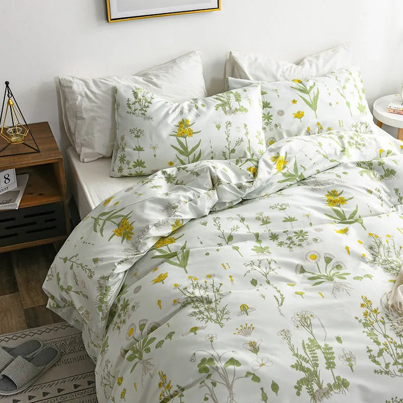 Polyester quilt cover set with pillowcase and bed sheet in white check or floral pattern, AU EU US sizes