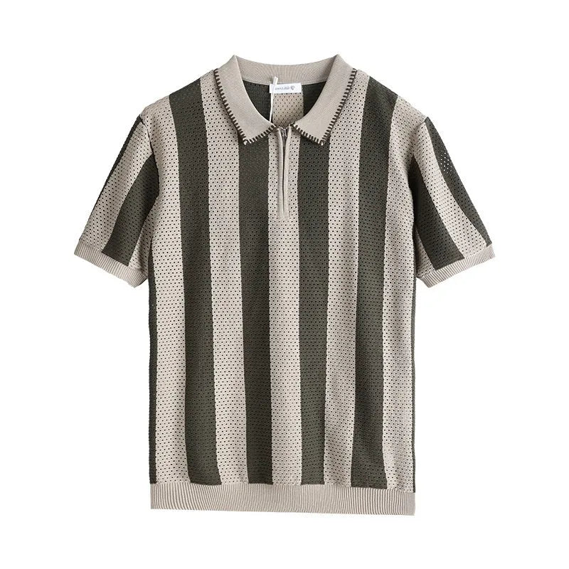 Men's ice silk short sleeve sweater with striped pattern and zipper decoration in viscose fabric