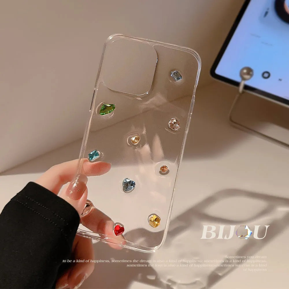 Crystal epoxy iPhone case with colourful rhinestones and love heart design on transparent TPU cover