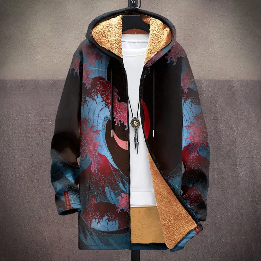 Men's multicolour pattern hooded cardigan with front zip closure in loose fit