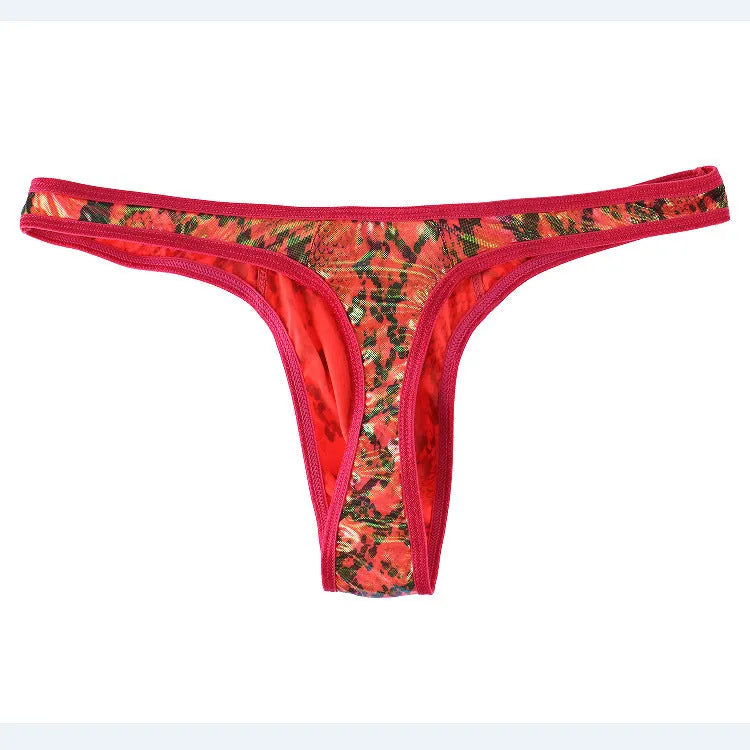 Men's camouflage snake print thong underwear in green with low-rise waistband