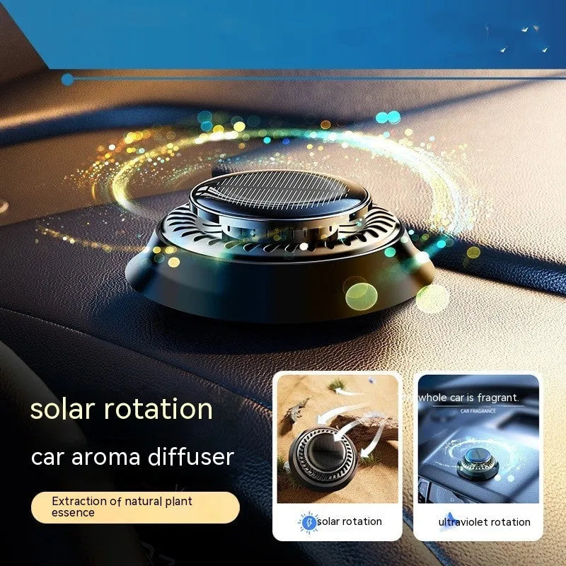 Solar-powered black plastic car aromatherapy ornament with de-icing function on a car dashboard.