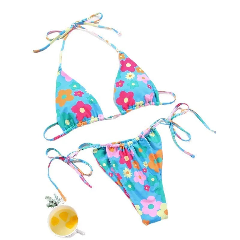 Women's polka dot split swimsuit bikini with triangle top and briefs in multiple pattern options