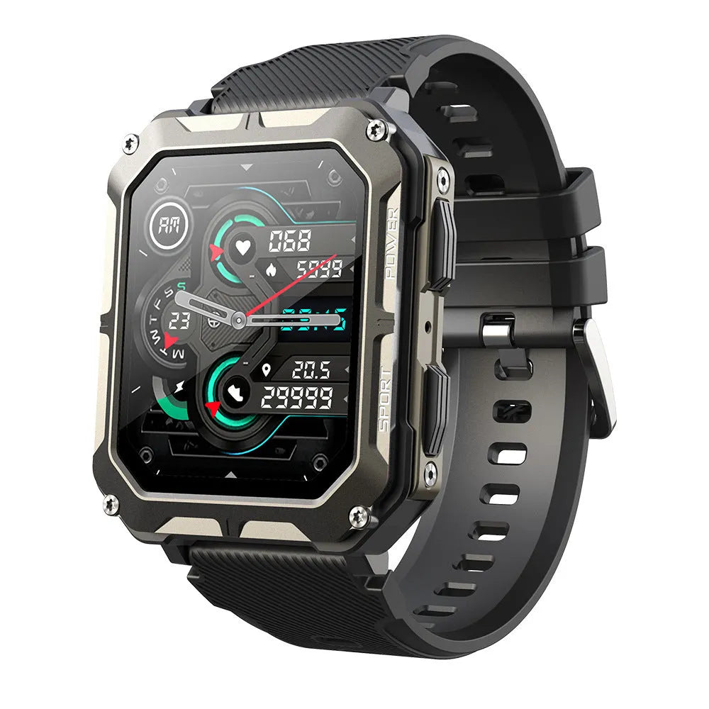 Square aluminium alloy smart watch with Bluetooth call on a silicone sports strap, compatible with iOS