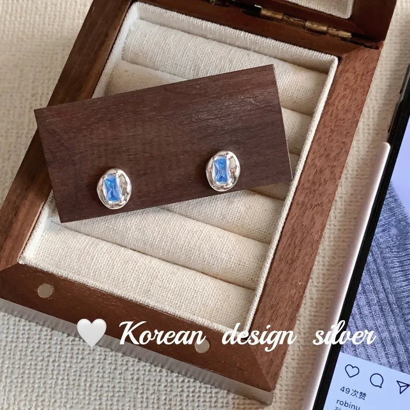 S925 sterling silver oval blue diamond heart-wrapped earrings for women