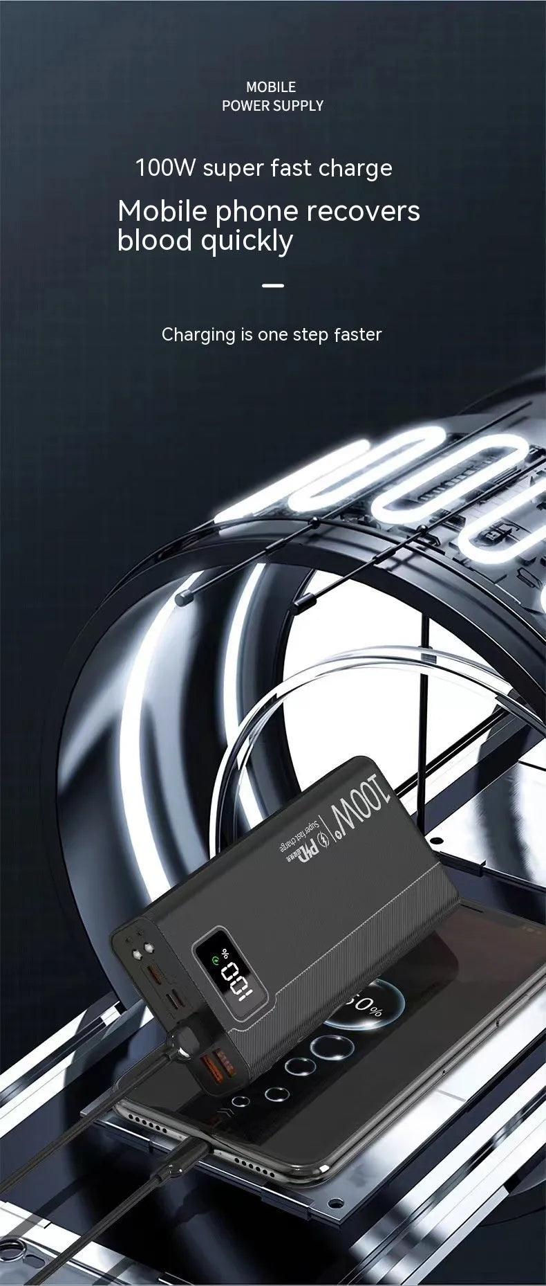 Black or white power bank measuring 150x76mm with capacity options from 20000 to 50000 mAh supporting fast charging