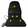 Black heating massage mat with infrared physiotherapy function and continuously variable speed control on seat cushion