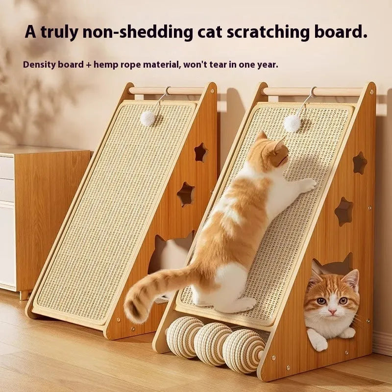 Vertical cat scratch board mounted on wall with sisal surface and attached hemp rope teasing ball