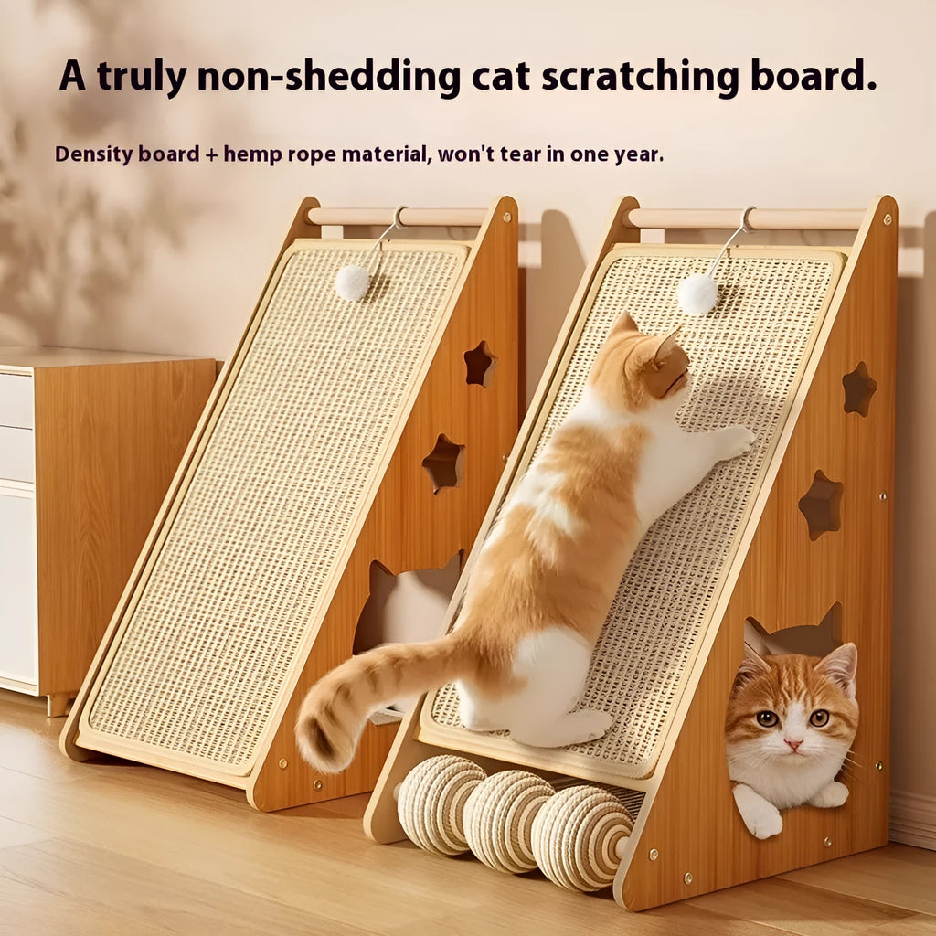 Vertical wall-mounted cat scratch board with teasing ball and sisal scratching surface