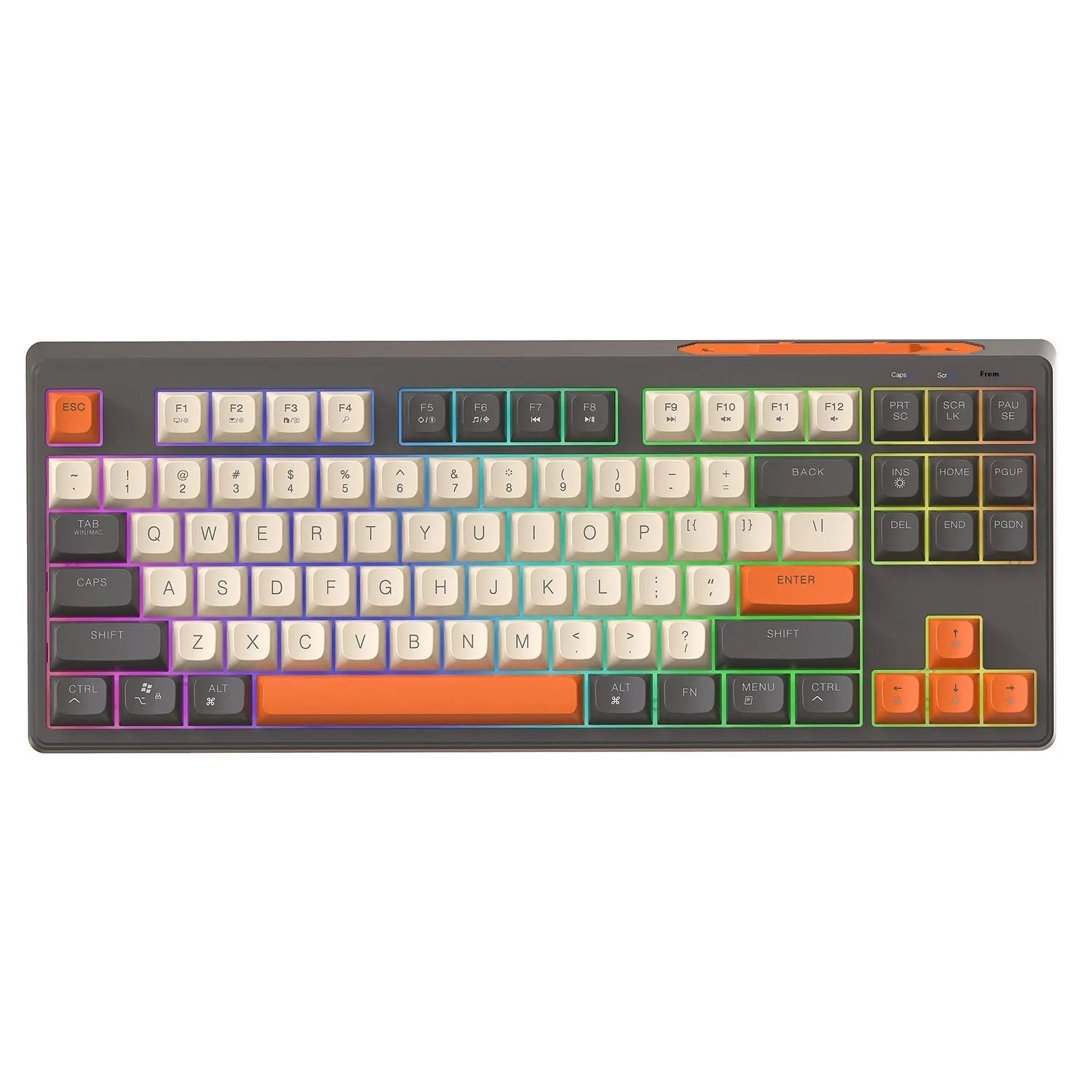Wireless Bluetooth dual-mode keyboard with 38 cm width in blueberry colour showing USB receiver and cable