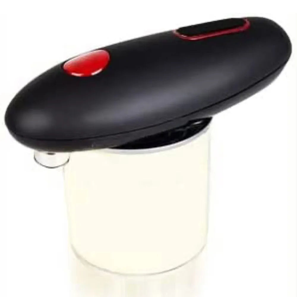Black electric can opener with simple plastic design for one-touch kitchen operation
