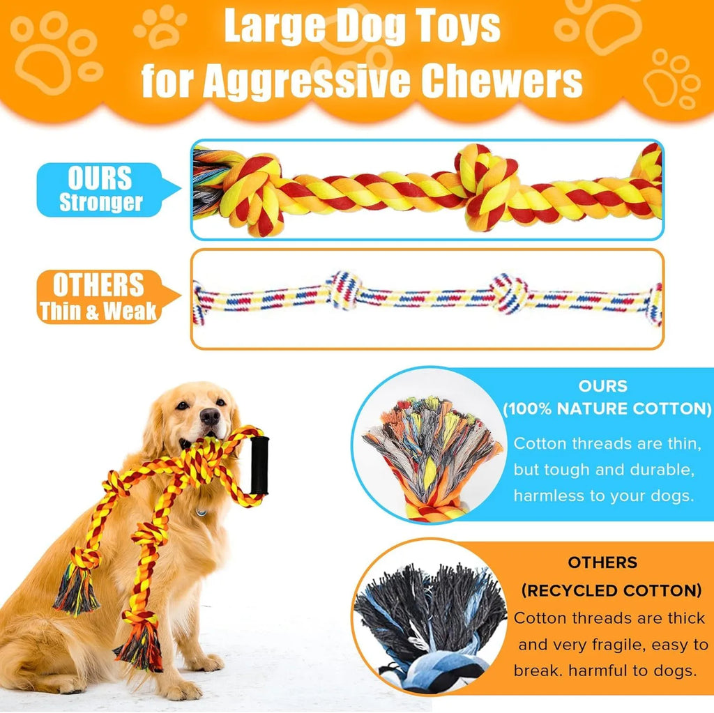 Blue and yellow cotton dog rope toy with non-slip handle, measuring 18x62cm for large breed aggressive chewers
