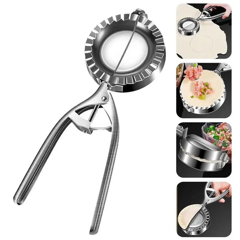 Silver stainless steel manual dumpling press mould with handle on a kitchen worktop.