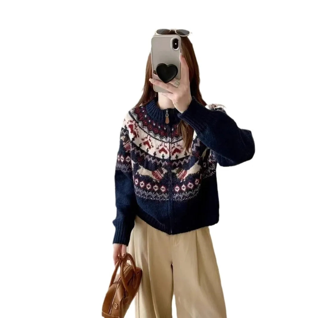 Ethnic jacquard pullover sweater with 3D pattern in apricot colour, showing loose fit and round neck design