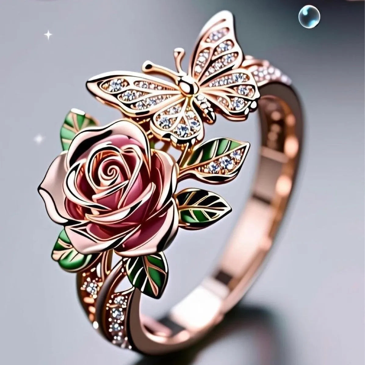 Adjustable fairy-style alloy ring with dripping oil treatment showing butterfly and floral motifs