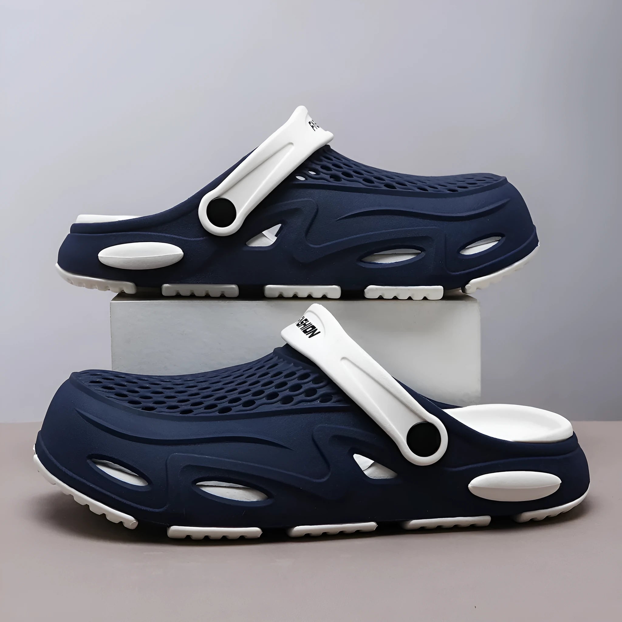 Men's grey closed toe EVA beach slippers with non-slip sole and round toe design