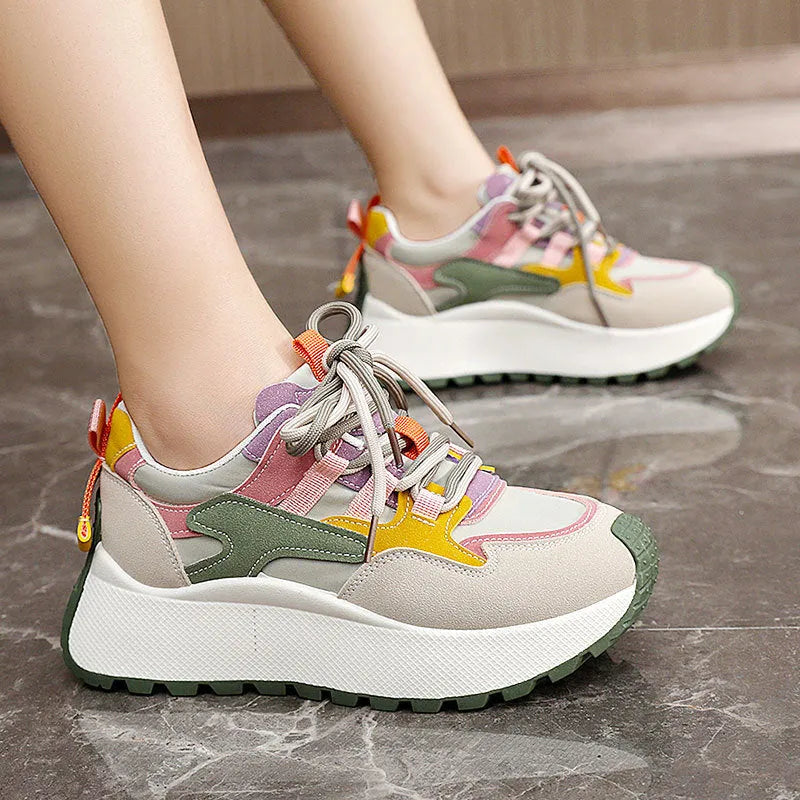 Women's green and red dad shoes with raised rubber sole, synthetic leather upper, round toe and front lace-up