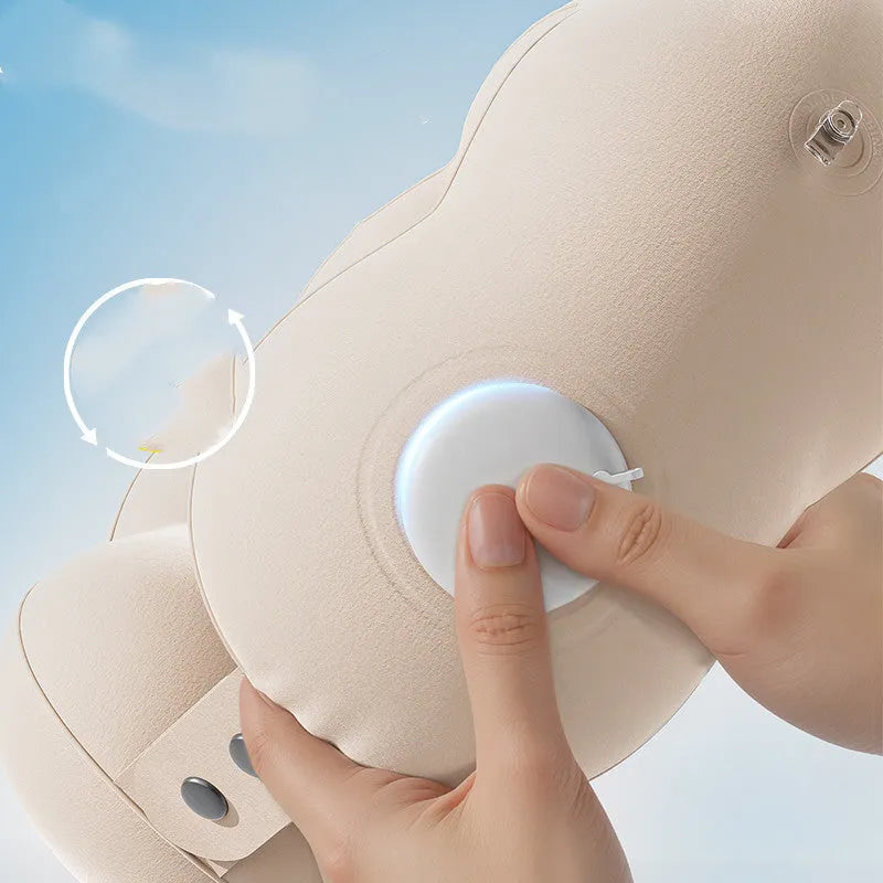Inflatable U-shaped travel pillow in cloud bubble colour with a storage pocket