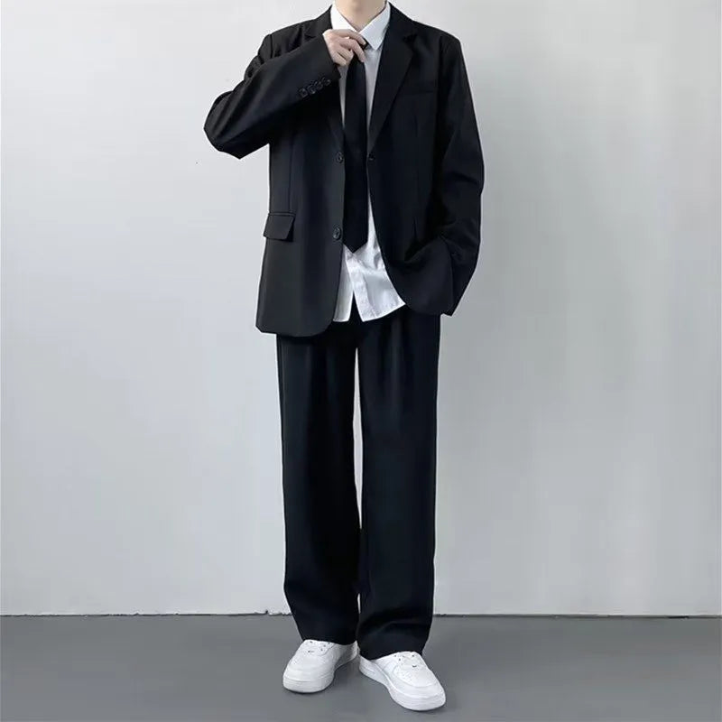 Men's plus size suit jacket with trousers, white shirt, and tie in loose college style cut