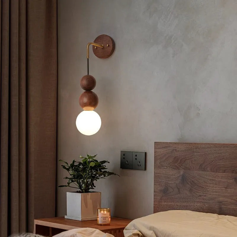 Suspension wire wall lamp in wood and copper with tri-colour bulb