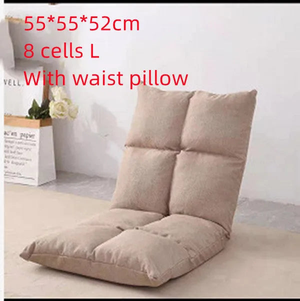 Beige adjustable backrest lazy sofa floor chair folded flat showing fabric texture and reclining mechanism