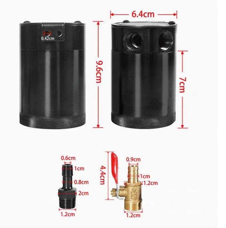 Black and silver aluminium automotive oil pot with two ports and connectors