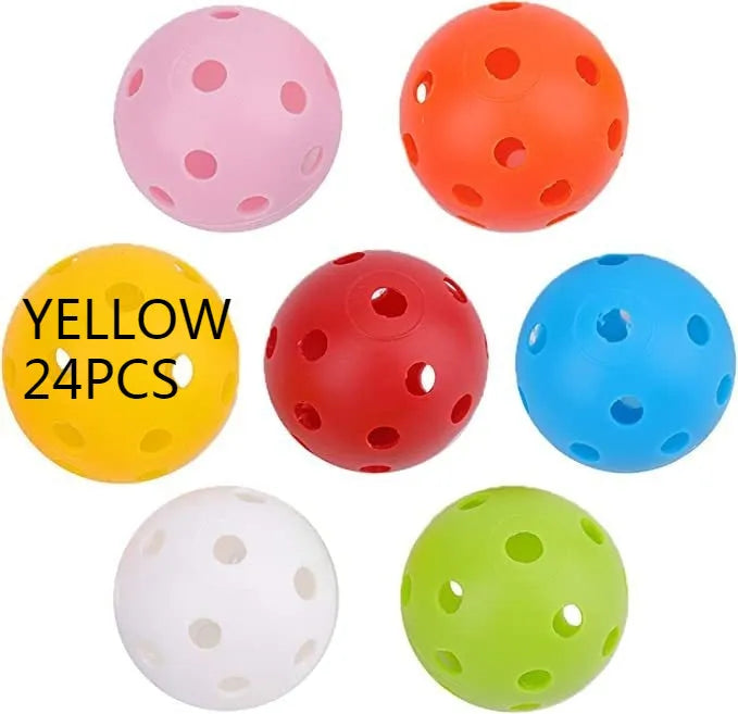 Six-colour golf practice balls in net pocket, each measuring 42mm diameter
