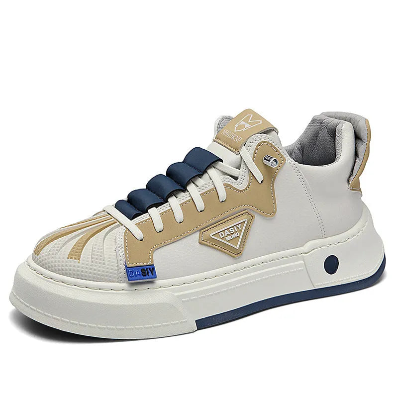 Men's beige low-top sneakers with elastic band closure and microfiber upper for casual wear.