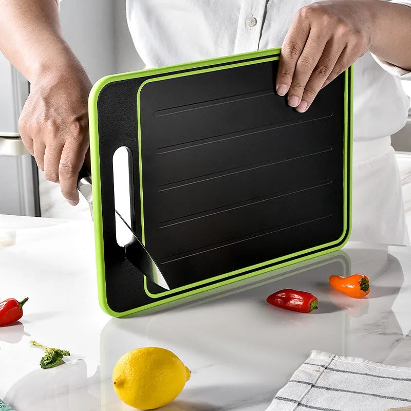 Grey square aluminium cutting board with double sides, grinding teeth, and integrated knife sharpener