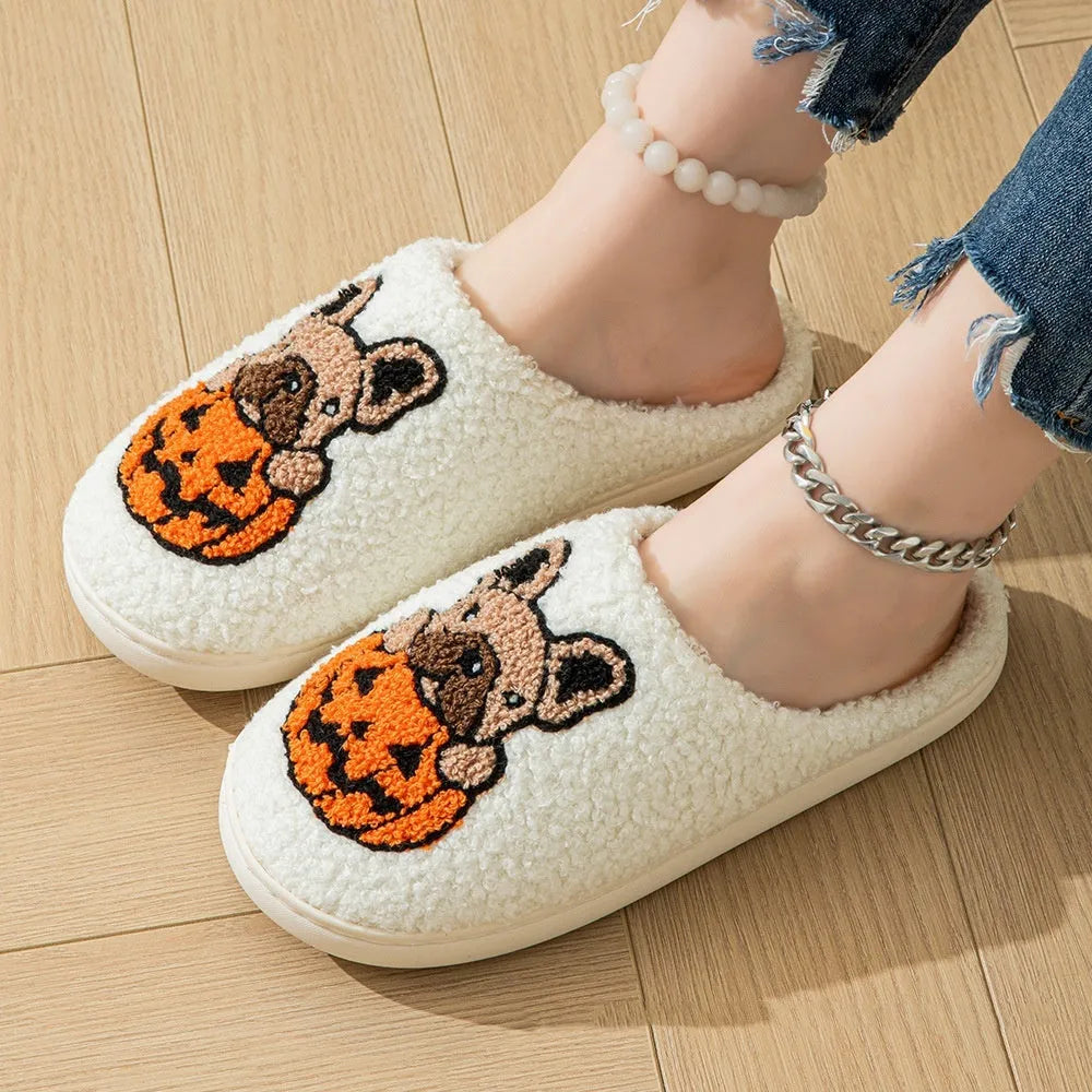 Halloween pumpkin slippers with plush upper and non-slip TPR soles in black and white