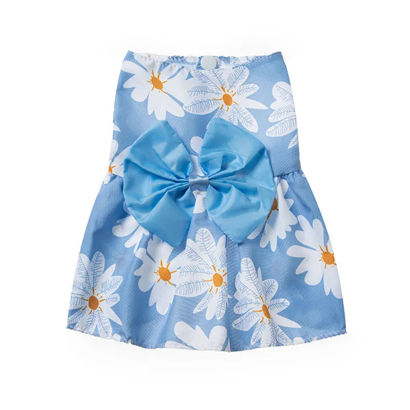 Ultra-thin polyester pet dress with floral butterfly knot in blue bow colour, size L for dogs or cats