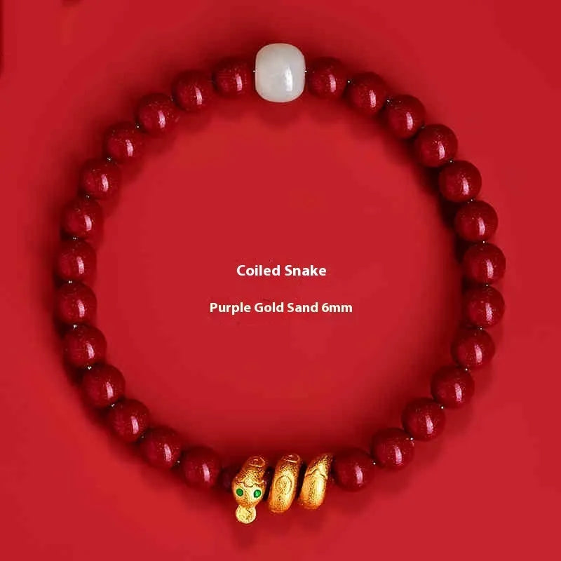 Handmade cinnabar snake year bracelet with 6mm or 8mm beads, Chinese zodiac design