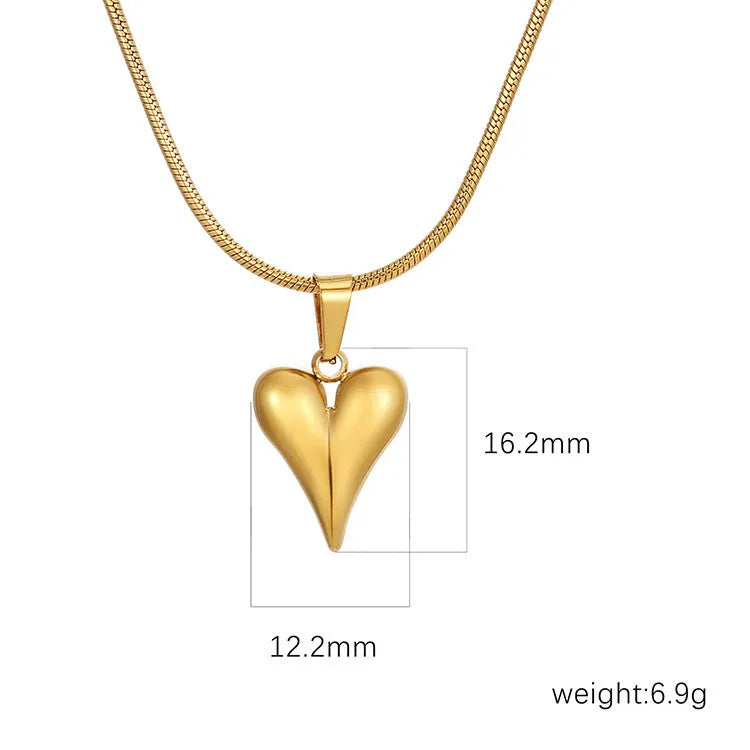 Heart-shaped stainless steel necklace with snake bone chain and matching earrings in gold or steel tone