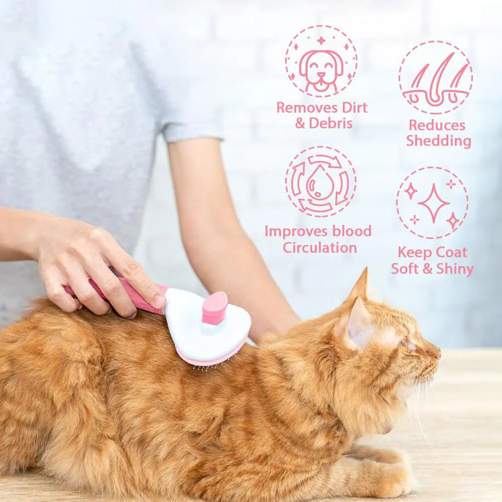Blue cat grooming brush with release button and fine wire bristles for removing loose fur
