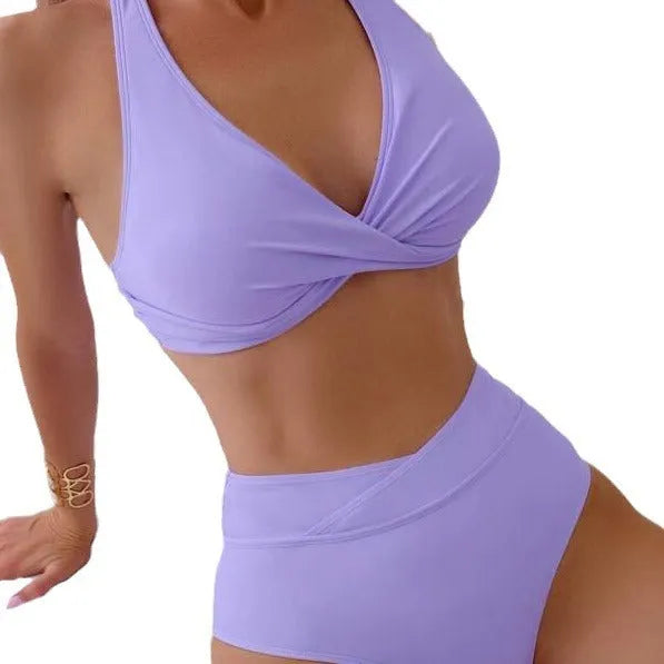 Women's high-waist floral print swimsuit in blue, green, lavender, peacock green or black