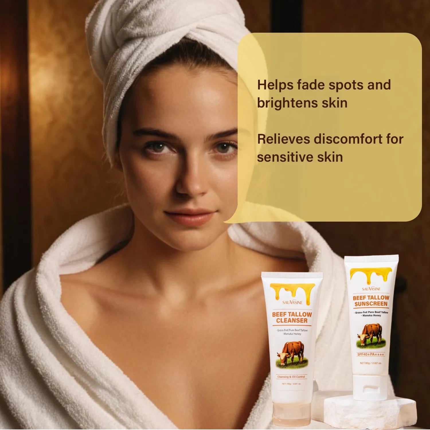 Seven-piece skincare set including facial cleanser, face cream, lipstick, protective cream, body lotion, facial scrub, and beef tallow balm.