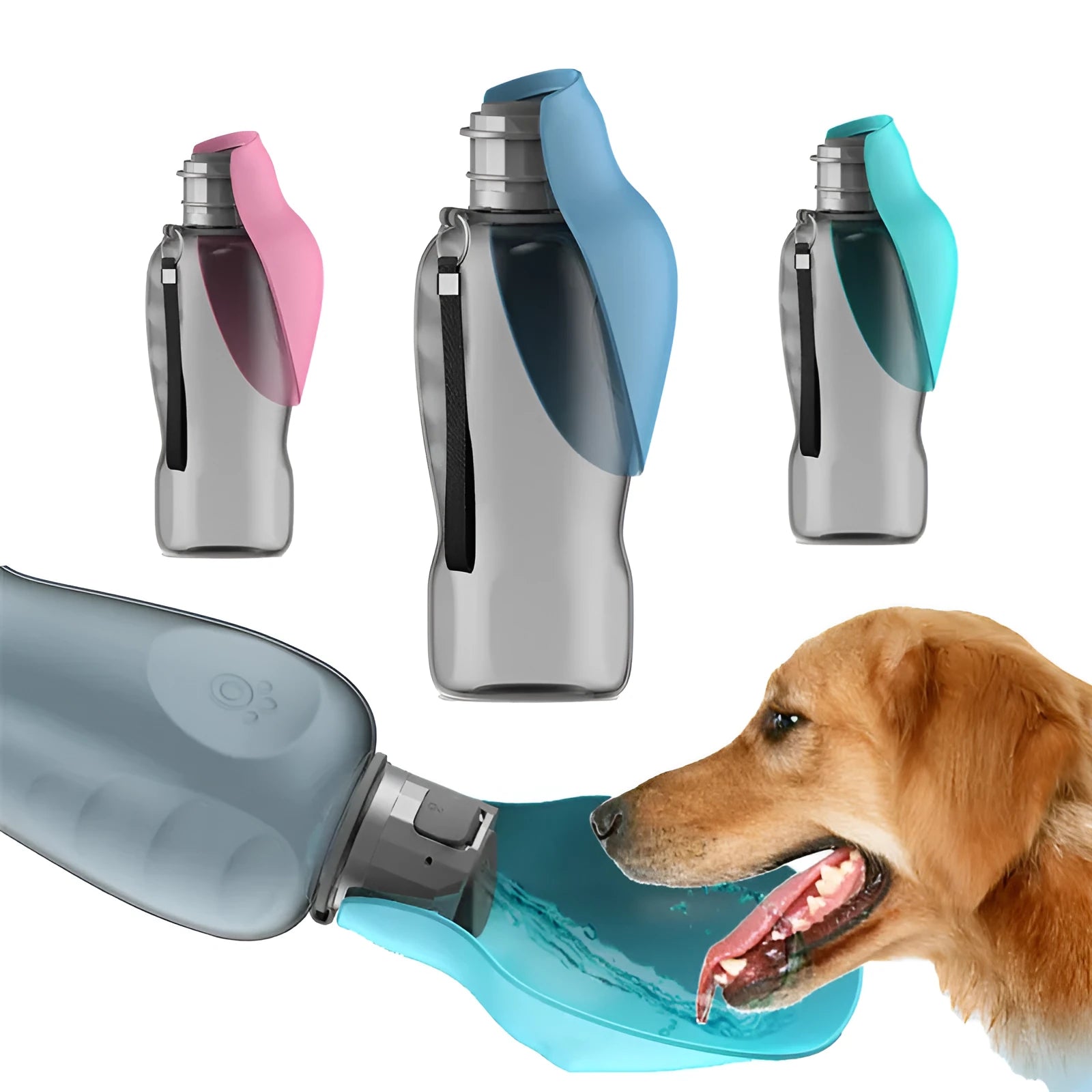 Blue grey portable dog water bottle with foldable drinking bowl extended, showing 800ml capacity.